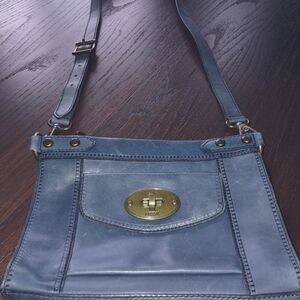 Fossil Blue Leather Crossbody Bag with Gold Accents
